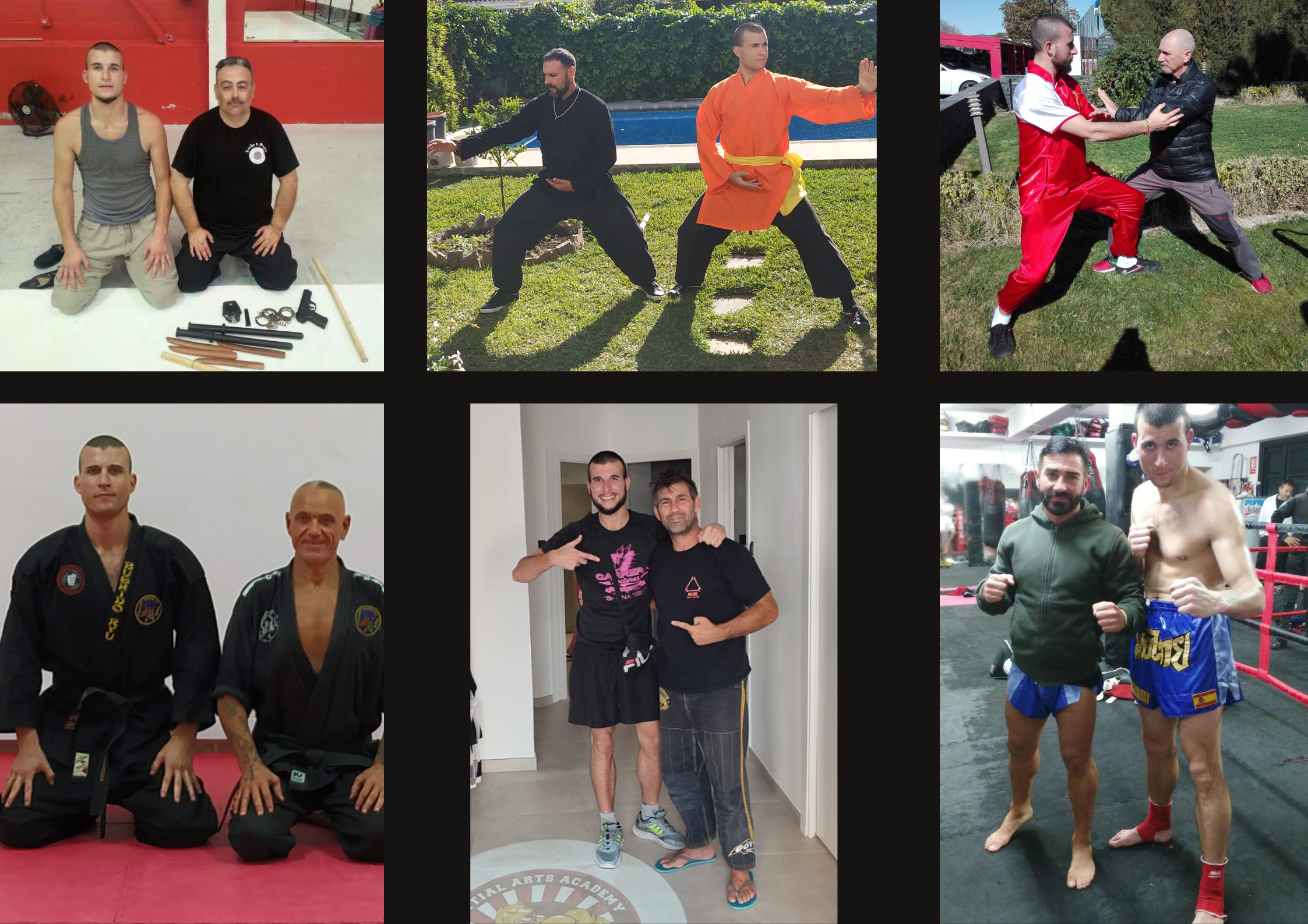 Sensei Córdoba entrenando artes marciales tradicionales junto a distintos maestros en academias de China y España.
